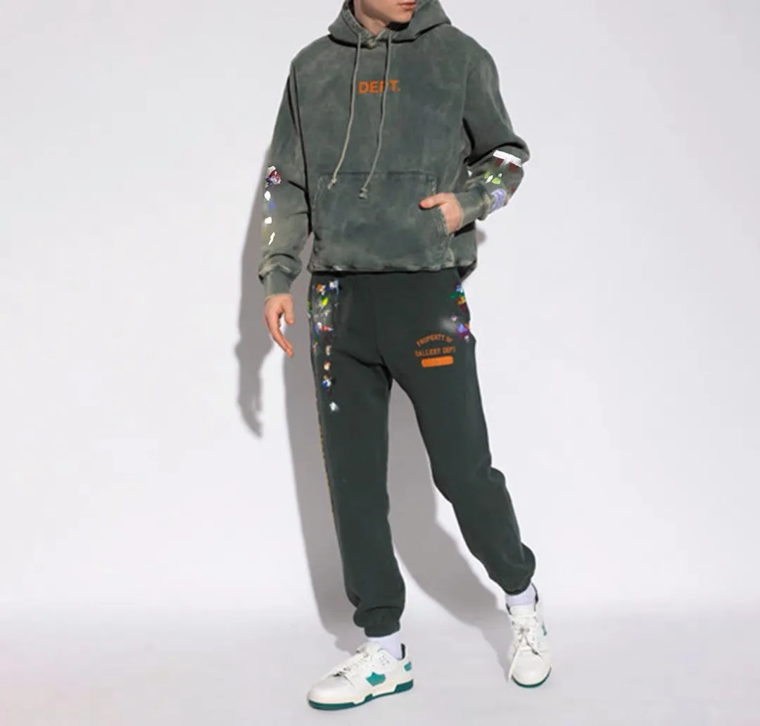 GALLERY DEPT. GD PROPERTY OF SWEATPANTS splashed ink, washed and distressed sweatpants, dark green S-XL, heavy wash and distressed, handmade acrylic splashed ink graffiti, perfect top restoration